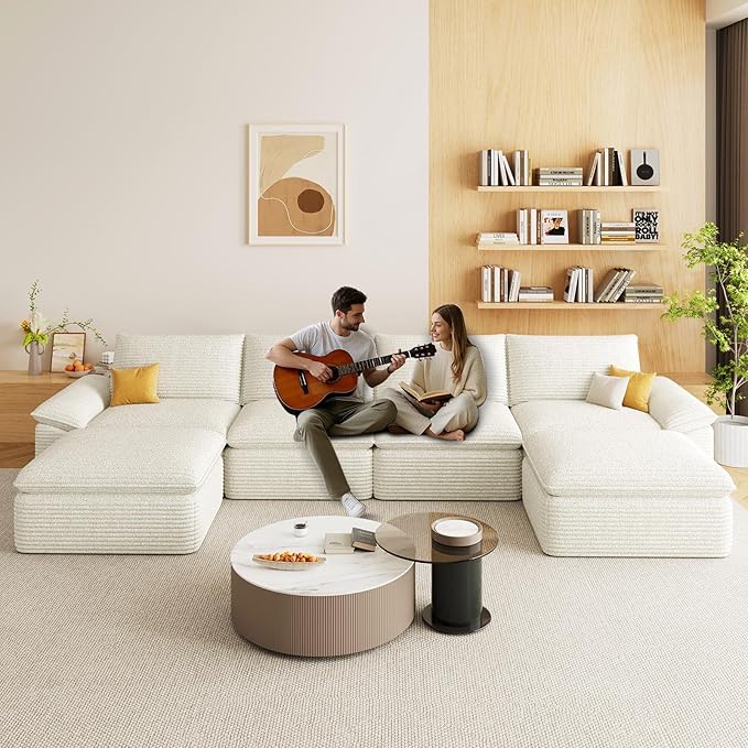 141.74" Sectional Couches for Living Room Modern Modular Sofa with U-Shape Couchs Upholstered Corduroy Boneless Couch Deep Seat Cloud Couch with Ottoman, No Assembly Required, White