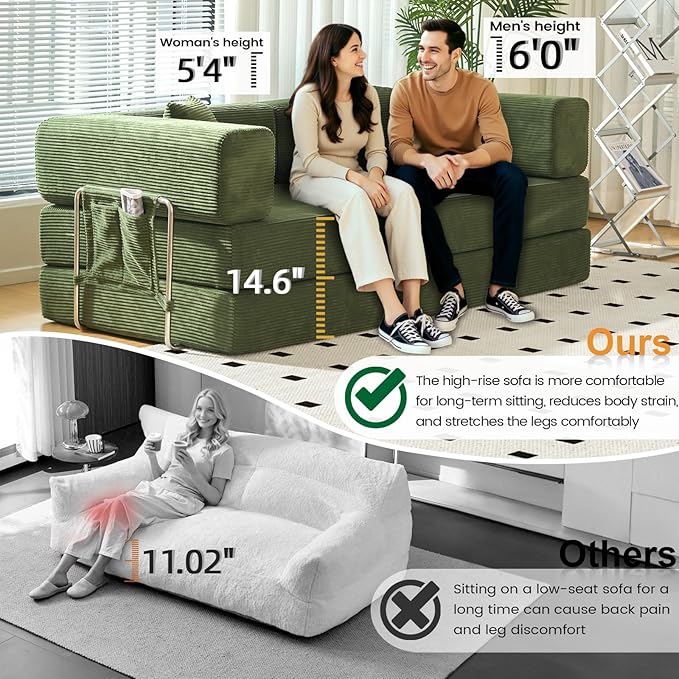 Folding Sofa Bed Convertable Corduroy Couch King Size Floor Sleeper 4-in-1 DIY Combination Modular Sofa Fold Out Futon Lounge Comfy Foldable Lazy cama for Living Room (Green, 70.86")
