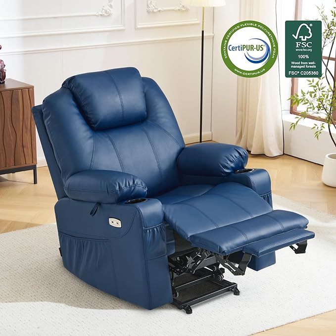 MCombo Electric Power Lift Recliner Chair Sofa with Massage and Heat for Elderly, 3 Positions, 2 Side Pockets, and Cup Holders, USB Ports, Faux Leather 7040 (Blue, Medium)