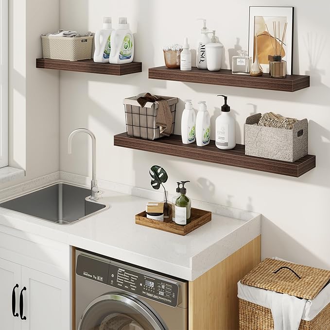 fuqing Floating Shelves for Wall, Wall Mounted Wood Floating Shelf with Invisible Brackets for Living Room, Bathroom, Bedroom, Kitchen Storage and Decor, 30 Inch Set of 2, Walnut