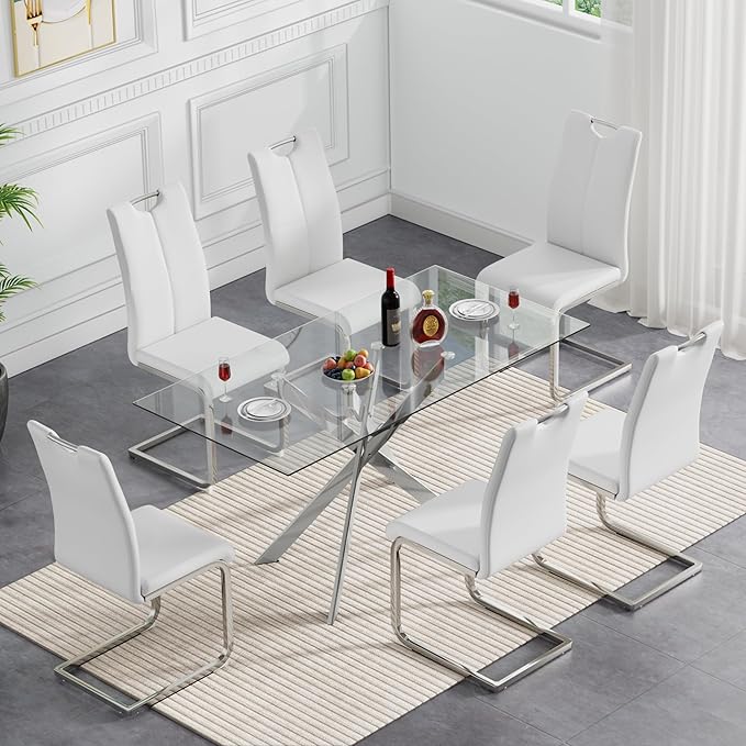 51'' Silver Glass Dining Table Set for 6,7 Piece Kitchen Table and Chairs Set with Metal Legs and 6 PU Leather Dining Chairs for Kitchen Room Small Spaces