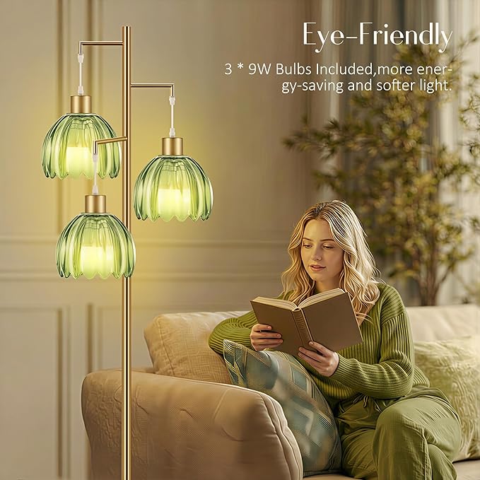 COTTHOS Gold Floor Lamp for Living Room, Modern Standing Lamp Brass Glass Green Tree 3 Light Tall Floor Lamps for Bedroom & 800 Lumens LED Bulbs, Vintage Flower Lamp Shade Farmhouse Boho Bohemian