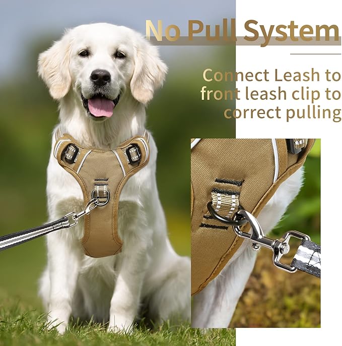 HEELE Dog Harness, Dog Harness for Small Medium Large Dogs No Pull Adjustable Padded Reflective Harness with Handle for Walking Training, Brown, S