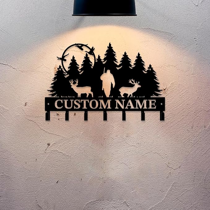Personalized Custom Name Hunting Deer Wall Key Hooks,Metal Hunting Art Clothes Hooks,Metal Hunting Wall Home Storage Decorative,Hunter For Front Door, Hallway, Kitchen, Bedroom,Keys,Hats (Style G)