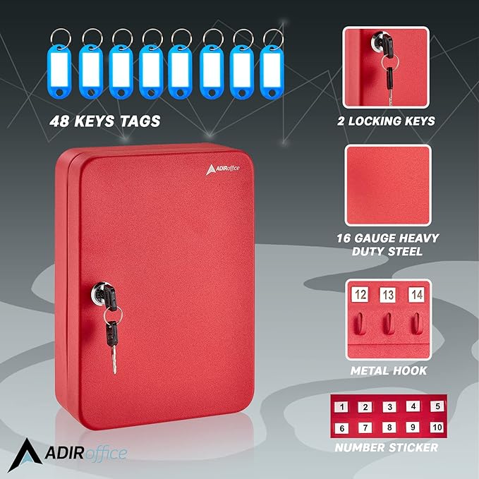 AdirOffice Key Lock Box – 48 Key Hooks Wall Mounted Key Cabinet Lock Box, Car Keys Holder Box, Lockable Key Storage Box - Metal Key Box Organizer with for Home and Office