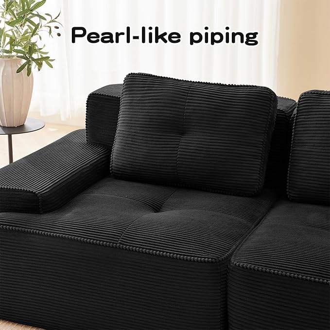 80" Modern Compressed Boneless Love Seat Couches with 1 Ottoman, 2 Seater Large Sectional Couches for Living Room, Black Corduroy Cloud Modular Sectional Sofa, Memory Foam, Deep Loveseat, No Assembly