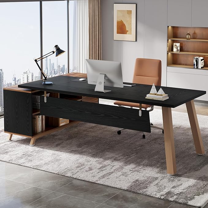 Tribesigns 78.7-Inch Executive Desk, L-Shaped Desk with 55-Inch Cabinet, Large Office Desk with Storage Shelves, Modern Computer Desk for Home Office, Black & Walnut