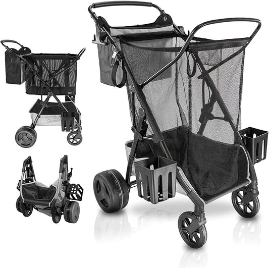 Strolee Large Wheeled Collapsible Beach Cart for Soft Sand, Shopping, Camping & Garden- Lightweight Aluminum Frame- Removable Storage Bag with Carrying Straps, X-L Capacity & Cooler Rack Dark Grey