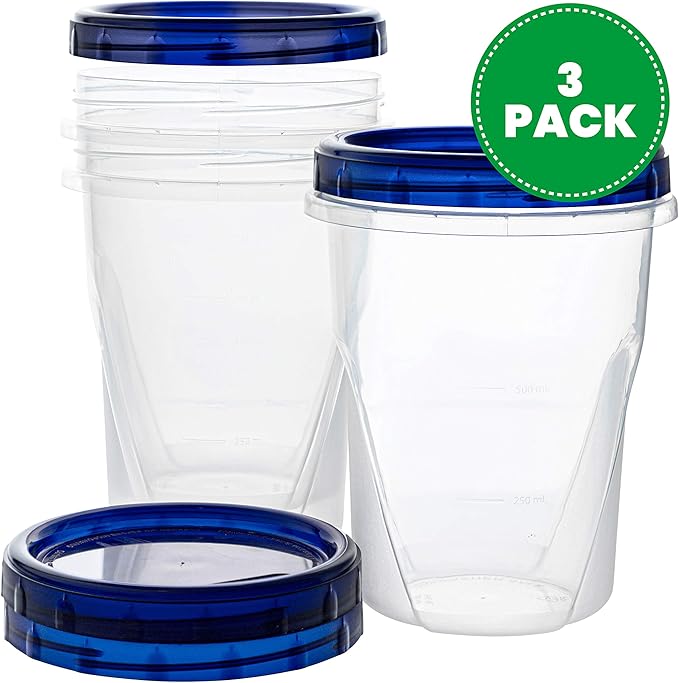 PLASTICPRO [32 oz 3 Pack] Twist Top Deli Containers Clear bottom With blue Top Twist on Lids Reusable, Stackable, Food Storage Freezer Container