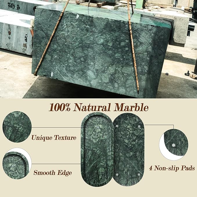 100% Natural Marble Vanity Tray for Bathroom, Luxury Indian Green Decorative Marble Oval Trays for Bathroom Countertop Storage Organizer, Vanity Dresser Kitchen Home Decor, 10.2" x 4.3", Green