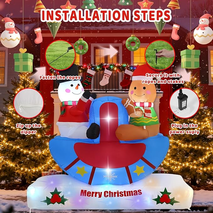 6FT Seesaw Snowman and Pancake Man, Built-in LED Lights and Colorful Rotating Lights, Suitable for Christmas Lawns, Gardens, Courtyards Outdoor Inflatable Decorations