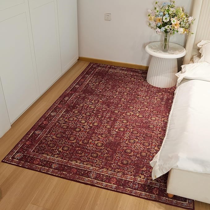 8x10 Soft Washable Area Rugs for Living Room and Bedroom, Non-Slip Stain Resistant Indoor Carpet, Cozy Floor Mat for Dining Room, Office, Under TableStain Resistant Persian red Floral