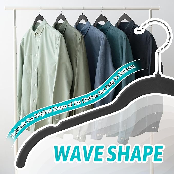 Premium Velvet Hangers 50 Pack - Space-Saving Closet Organizer for Clothes, Non-Slip Flocked Design, Ideal for Shirts and Coats (Black)