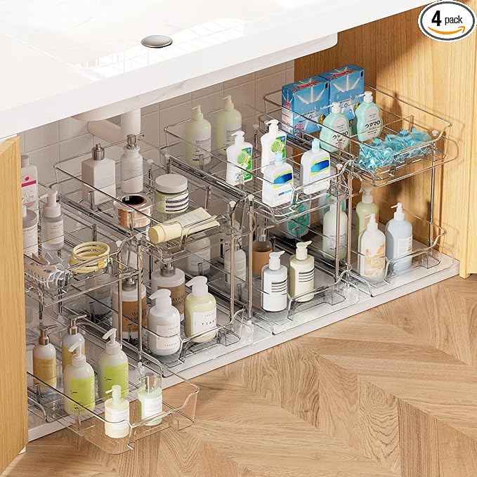 Vtopmart 4 Pack 2 Tier Bathroom Under Sink Organizers and Storage, Clear Kitchen Pantry Organization, Pull Out Medicine Cabinet Organizer with Movable Dividers