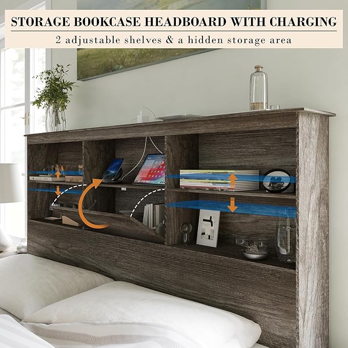 AMERLIFE King Size Bed Frame Wooden Platform Bed with 51.2" Storage LED Bookcase Headboard, 4 Storage Drawers & Charging Station/No Box Spring Needed/Noise Free/Rustic Grey