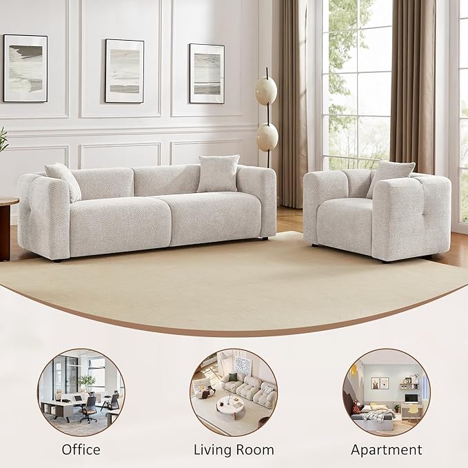 VANOMi 42" Width Accent Chair for Living Room, Modern Lounge Chair with Pillow, Comfy Upholstered Boucle Single Sofa Chair for Living Room (Light Khaki)