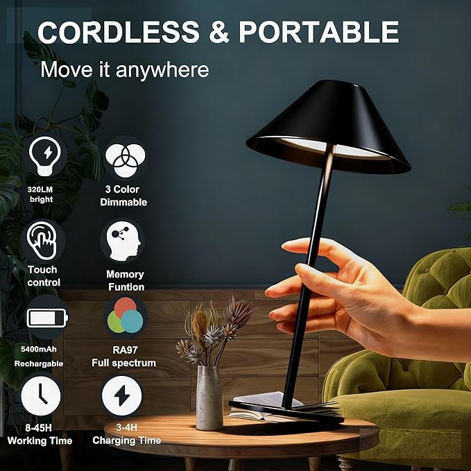 Black Cordless Lamp Set of 2, Rechargeable Battery Table Light Metal Lampshade with Flexible Height Pole, 3 Color Dimmable Bedside Touch Lamp, Portable Wireless Lamp for Reading/Home