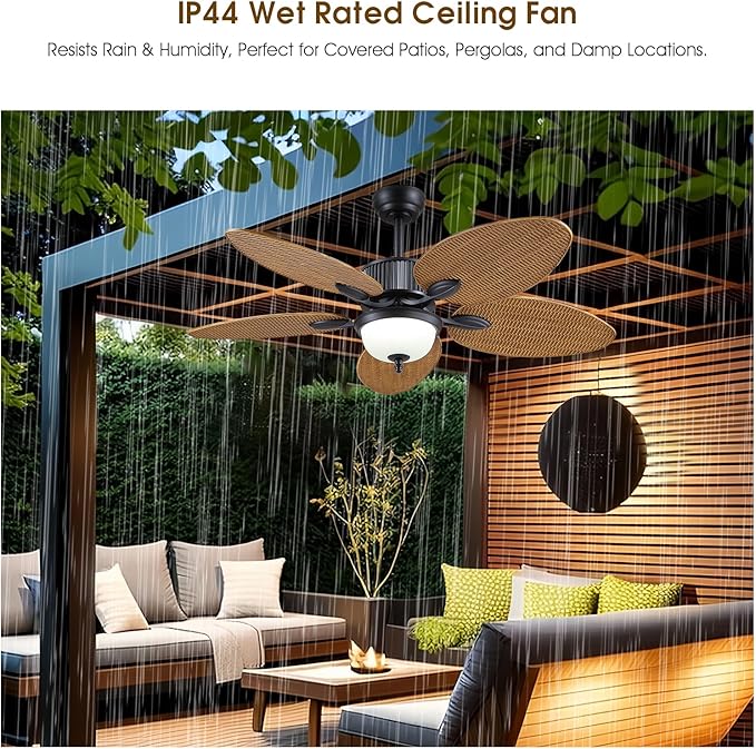 50 Inch Tropical Ceiling Fans with Lights and Remote/APP Control, Outdoor Waterproof Palm Leaf Ceiling Fan for Patios Porches, Wet Rated, Glass Lampshade, 6 Speeds, Quiet, Wood Grain
