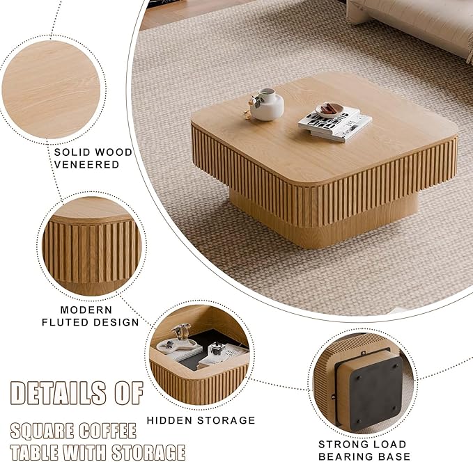 31.5'' Small Square Coffee Table with Storage, Fluted Coffee Table with Solid Wood Veneered, Mid Century Modern Wooden Center Table, Accent Tea Table for Small Space Living Room Apartment, Natural