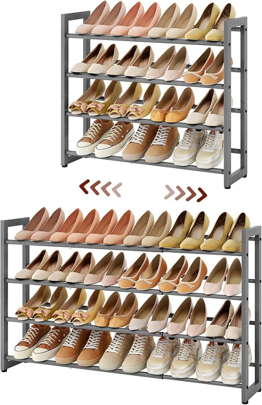 FAVOOSTY 4-Tier Expandable Shoe Rack, Adjustable Shoe Shelf Storage Organizer Space Saving Metal Free Standing Shoe Rack for Entryway Closet Doorway, Silver Grey
