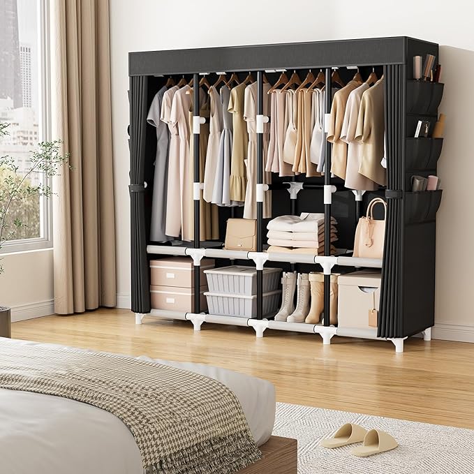 VTRIN Wardrobe Closet, 25mm Steel Tube Sturdy Portable Closet for Hanging Clothes, 67.3 Inch Portable Closet Wardrobe with Cover, 4 Hanging Rods, 8 Shelves, Free Standing Clothes Rack for Bedroom