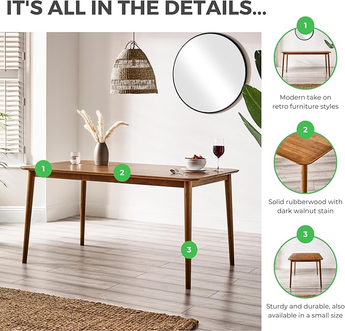 Furniturebox UK Solid Wood Table - Lynton Wooden Dining Table - Modern Take on Traditional Classic Farmhouse Dining Furniture - Retro Solid Rubberwood (6 Seat Table)