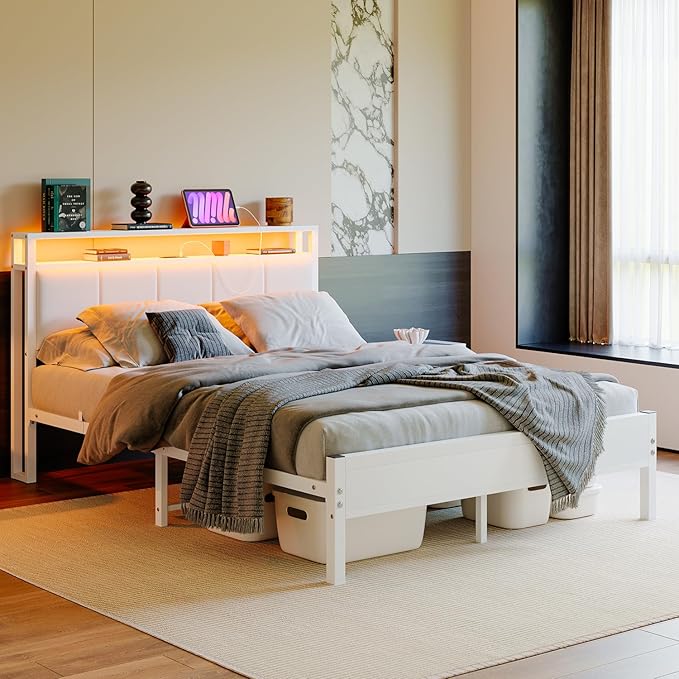 Queen Bed Frame with Headboard Storage,Upholstered Platform Bed Frame Queen Size with Charging Station and LED Lights No Box Spring Needed,Heavy Duty Steel Slats,Noise Free,White