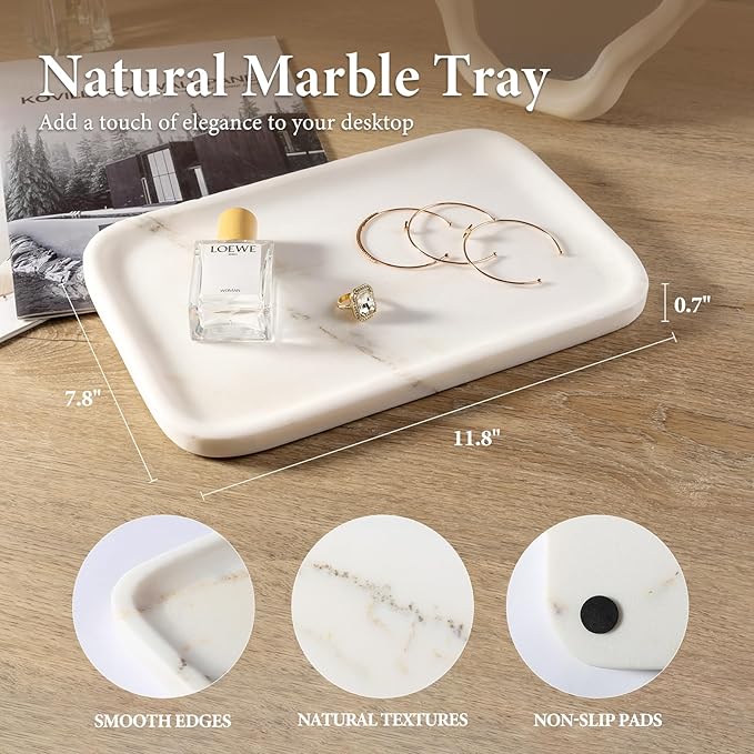 Koville Marble Tray, 12"x8" Marble Vanity Tray for Bathroom Kitchen Countertop, Rectangular Stone Tray for Cosmetics Perfume Trinket, Decorative Catchall Trays (Oriental Calacatta)