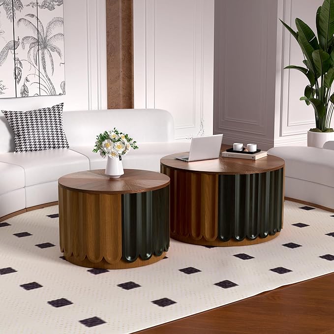 Modern Round Storage Side Tables Set, Dark Walnut and Black Finish, Fluted Wood Design, Hidden Storage, Nesting Coffee Tables for Living Room