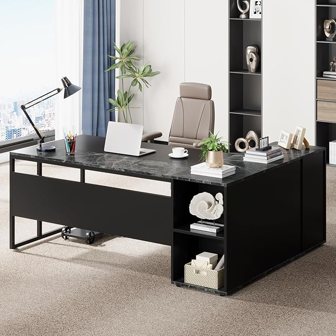 Little Tree 71-inch Executive Desk with File Cabinet, L-Shaped Computer Desk Office Desk with Drawers and Storage Shelves, Business Furniture Desk Workstation for Home Office, Balck