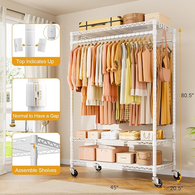 P7 Rolling Clothes Rack, Clothing Racks for Hanging Clothes, Heavy Duty Garment Rack with Wheels, 3 Tiers Freestanding Portable Closet Rack 45''W × 20.5''D × 80.5''H, Max Load 480 lbs, White