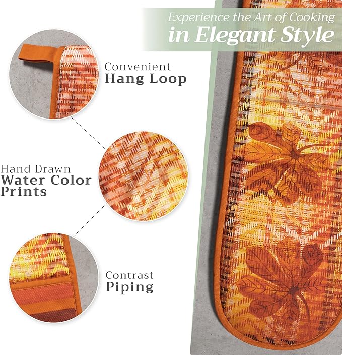 Maison d' Hermine Double Oven Mitt (7" x 35") 100% Cotton Heat Resistant BBQ Cooking Gloves with Loop for Thanksgiving Christmas Decorations Baking Cooking Handling Hot Pan (Thanksgiving Tartan)