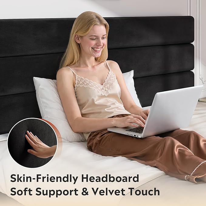 WLIVE King Size Upholstered Bed Frame, Velvet Square Tufted Headboard, Sturdy Metal & Wooden Slats Support, No Box Spring Needed, Black