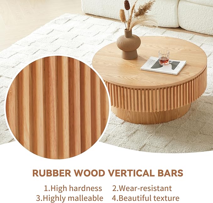 Round Coffee Table for Living Room,Fluted Drum Accent Tea Center Table with Storage,Circle Modern Coffee Tables for Small Space Office Apartment (31.5" L×31.5''W×14''H-Natural)