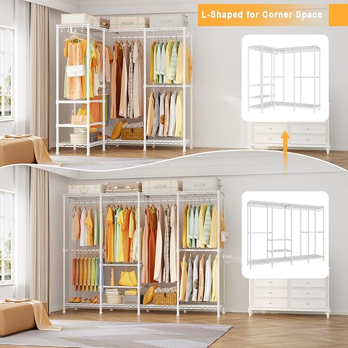 H41 Garment Rack Heavy Duty Clothes Rack, Clothing Racks for Hanging Clothes, Extra Large Freestanding Portable Closet Wardrobe Rack 78.5'' W × 15.8'' D × 76.4'' H, Max Load 1150 Lbs, White