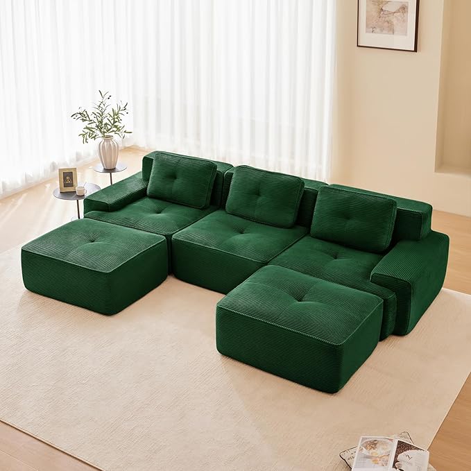 115" Modern Corduroy Cloud Sofa with Ottoman, U Shaped Boneless Modular Large Sectional Couches for Living Room, Green 3 Seater Compressed Memory Foam Couch, Extra Deep Seat, No Assembly