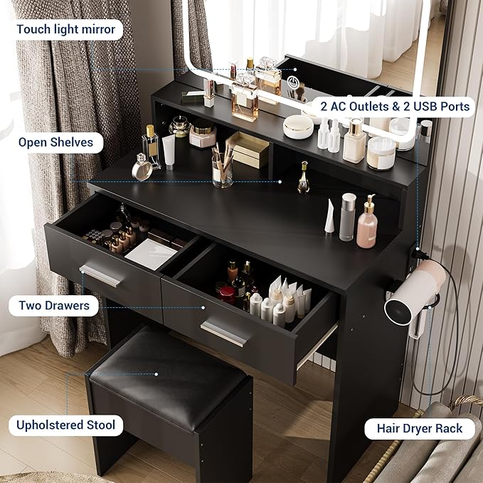 GarveeHome Vanity Desk with Mirror and Lights, 3 Color Modes Makeup Vanity with Cushioned Stool, 2 Drawers & Charging Station, Modern Dressing Table for Bedroom, Makeup Studio, Black