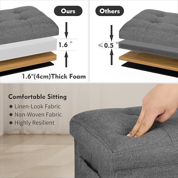 Storage Ottoman. Foot Rest Stool with Thicker Foam Padded Seat. Linen Footstool Storage Bench, 350 lbs Folding Bench Small Ottoman for Living Room, Bedroom, Coffee Table. 17x13x13in, Dark Gray