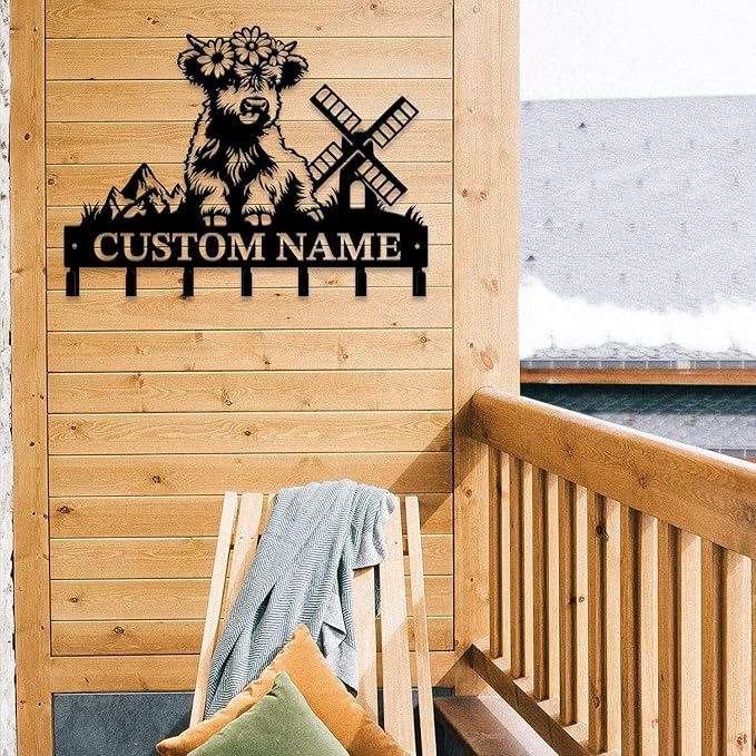 Personalized Highland Cow Metal Keys Hooks,Custom Name Metal Highland Cow Keys Hooks,Black Metal Highland Cow Wall Home Storage Decorative Keys Hooks,Key Holder Hooks for Wall (Style E)