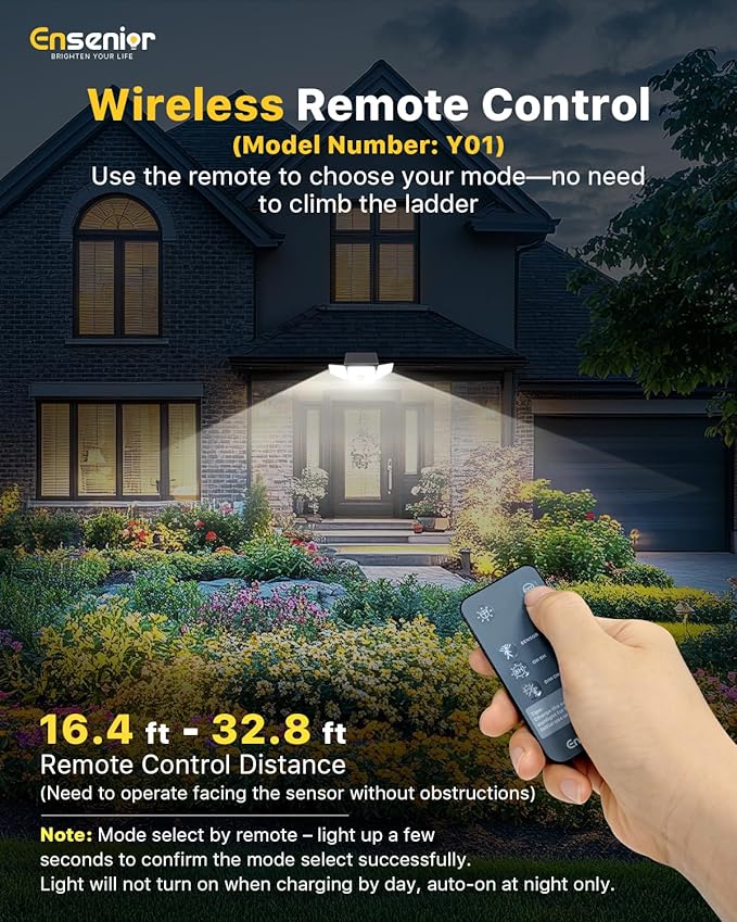 Ensenior Motion Sensor Outdoor Lights, 220 LED IP65 Waterproof Solar Security Light with Remote Control, 3 Heads Solar Flood Light Outdoor with 4 Modes, 270° Wide Angle Motion Light for Outside -4Pack