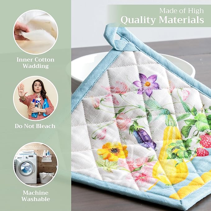 Maison d' Hermine Pot Holders Set 100% Cotton Heat Resistant Potholders 8" x 8" Hot Pads with Loop BBQ, Cooking, Baking, Grilling, Kitchen, Handling Hot Pans Spring/Summer (Pack of 2, Giverny)