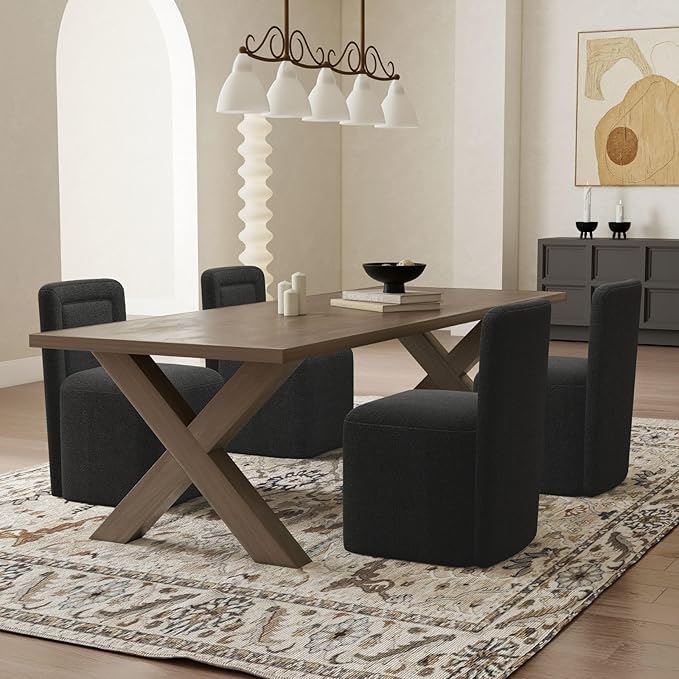 Black Upholstered Dining Chairs Set of 4, Armless Modern Sherpa Dining Chairs with High Back, Kitchen Chair for Dining Room/Restaurant/Living Room