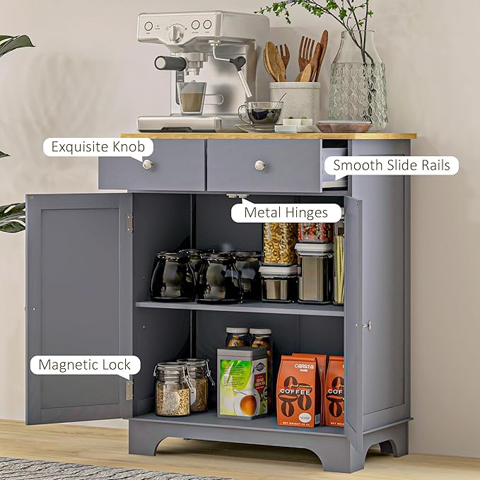 HOMCOM Sideboard with Solid Wood Countertop, Modern Kitchen Storage Cabinet, Coffee Bar Cabinet with 2 Drawers, Doors and Adjustable Shelf, Gray