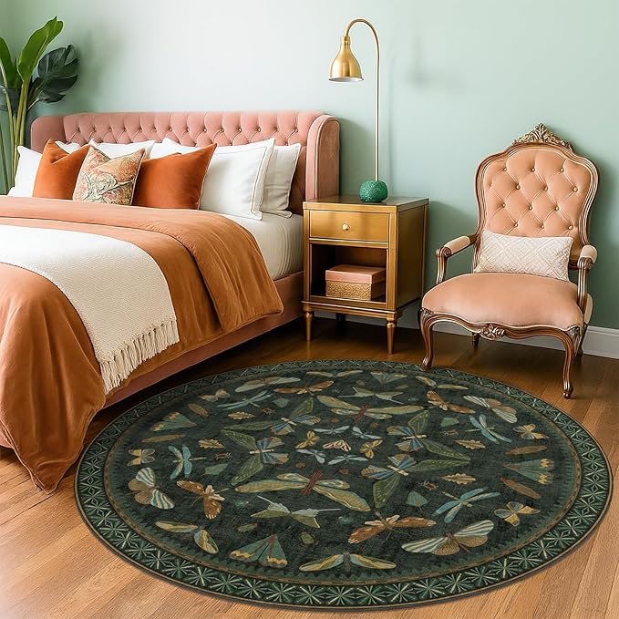Dark Green Insect 6ft Round Washable Area Rug for Living Room - Non Skid Low Pile & Soft Carpet for Bedroom Beside Bed, Forest Butterfly Design Stain Resistant Home Décor