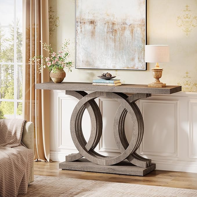 Tribesigns 55-Inch Console Table with Geometric Wood Base, Modern Entryway Table with Thick Tabletop for Living Room, Hallway, Foyer, Brown