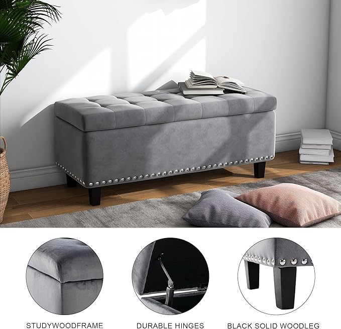 Ottoman with Storage, Storage Ottoman Bench with Button-Tufted, Upholstered End of Bed Bench with Wooden Legs for Bedroom, Entryway (Grey, Set of 1)