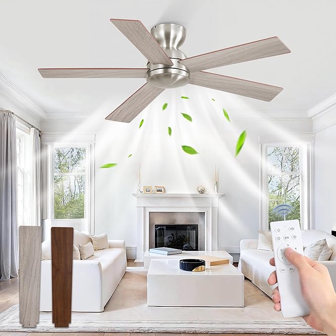 Fanbulous 42 Inch Flush Mount Ceiling Fans no Light, Brushed Nickel Modern Ceiling Fans, 6-Speeds, Quiet Reversible DC Motor, Outdoor/Indoor Ceiling Fan for Patios, Living Room, Bedroom