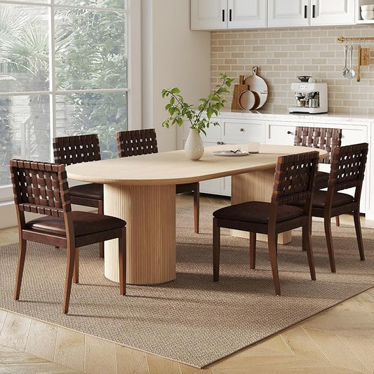 Woven Faux Leather Dining Chairs Set of 6, Farmhouse Upholstered Kitchen Chairs with Wooden Legs Armless Accent Side Chairs for Dining Room/Restaurant, Brown