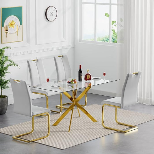 51'' Gold Glass Dining Table Set for 4,5 Piece Kitchen Table and Chairs Set with Metal Legs and 4 PU Leather Dining Chairs for Kitchen Room Small Spaces