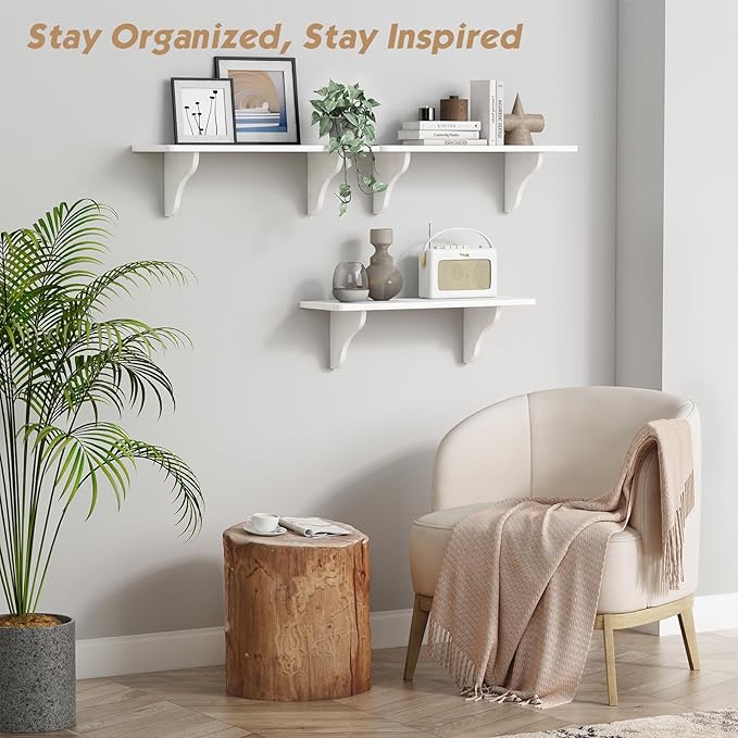 Forbena 24 Inch Wall Shelves for Bedroom Set of 3, Large Bathroom Floating Shelves for Wall, Long Decorative Hanging Arched Shelving Unit for Living Room Kids Girls Room Nursery Office (White)